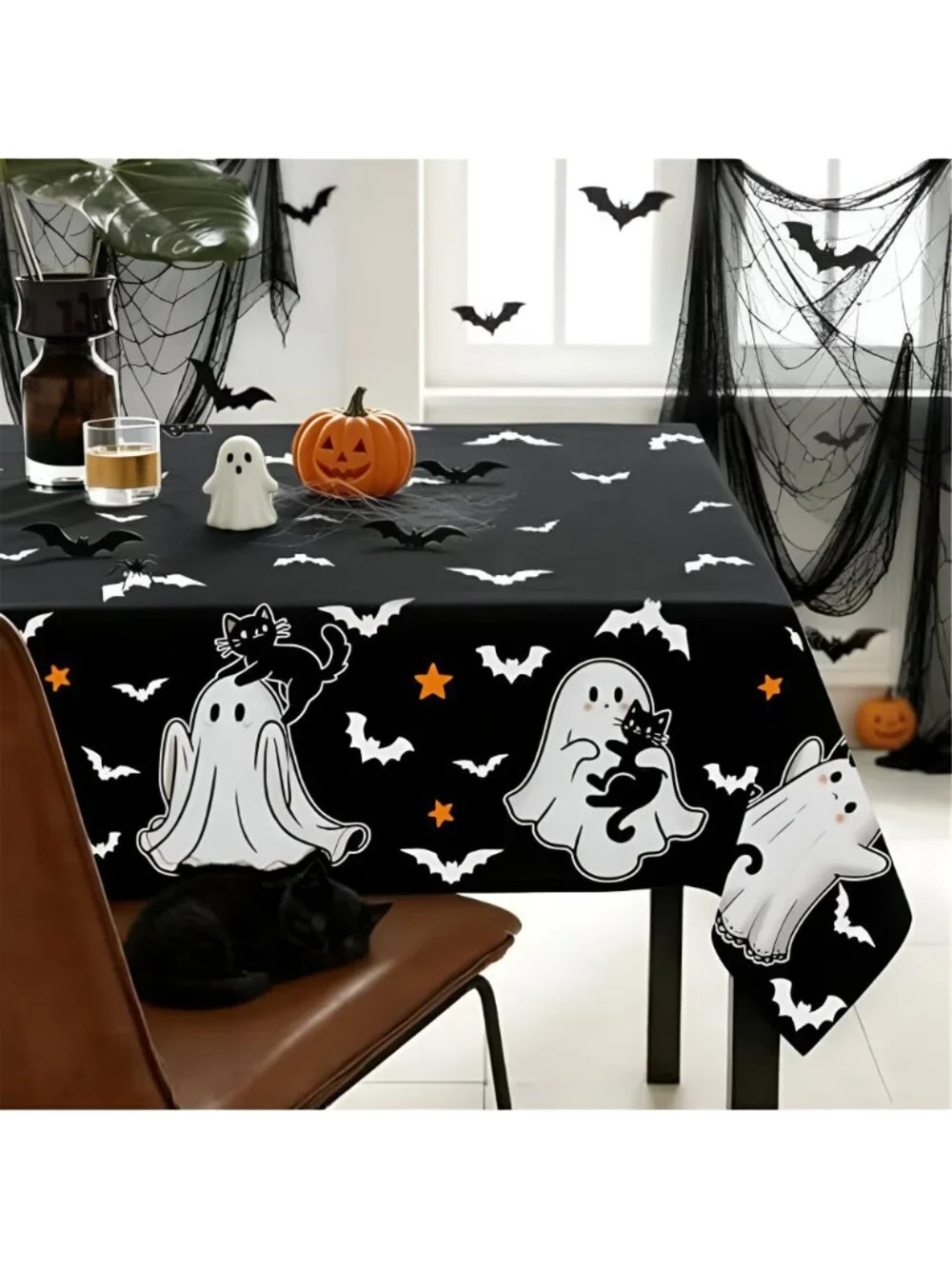 Halloween Tablecloth Rectangular 52 x 70 Inch Spooky Ghost Cat Spider Stars